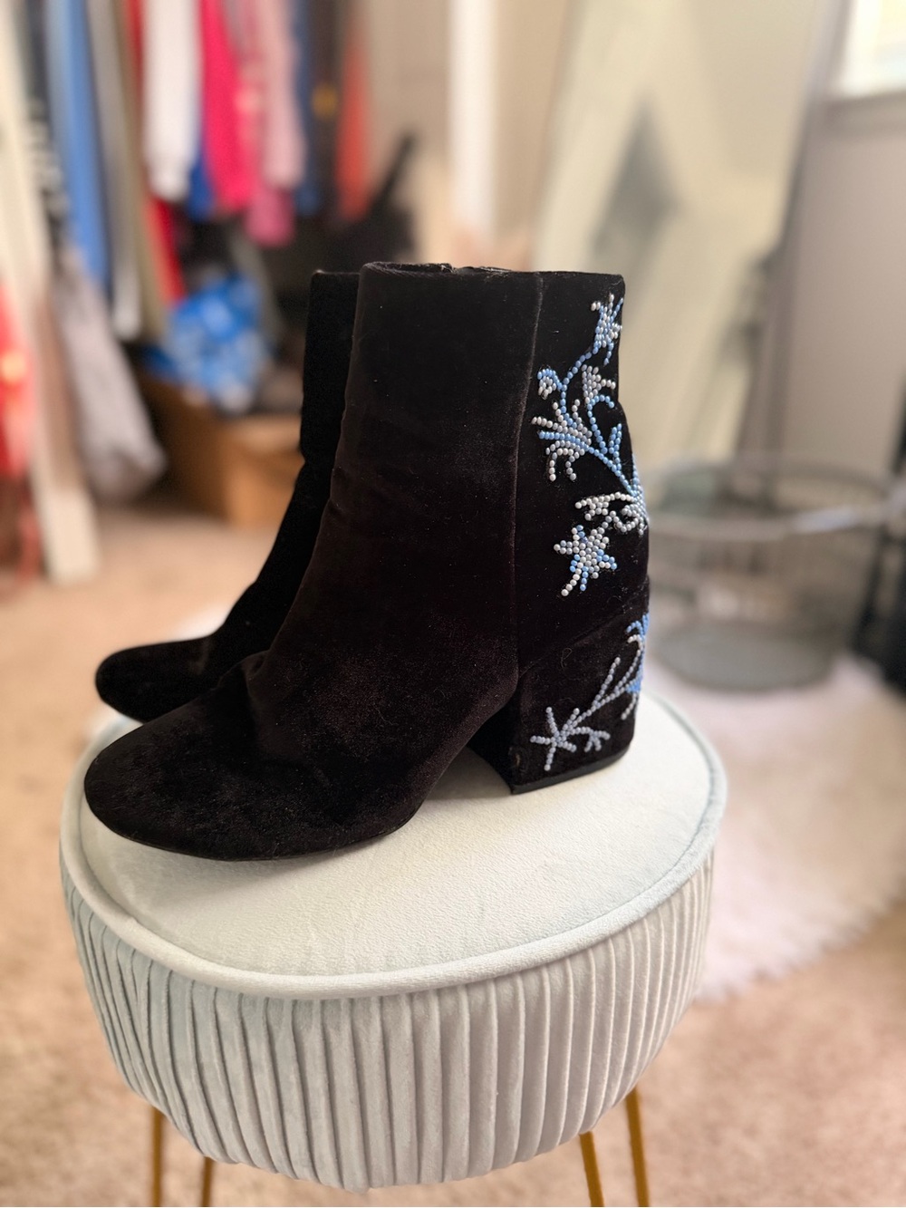 Custom Bedazzled Black Velvet Kenneth Cole Boots - Picture 3 of 6